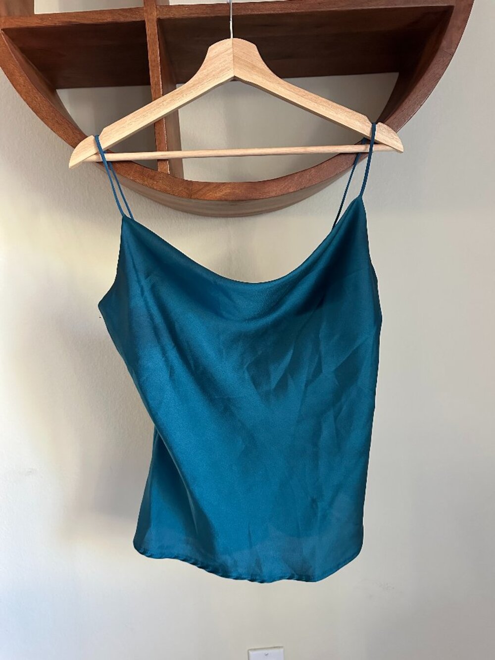 Teal Satin Cowl Neck Bias Cami Tank Top Slip Style Size S